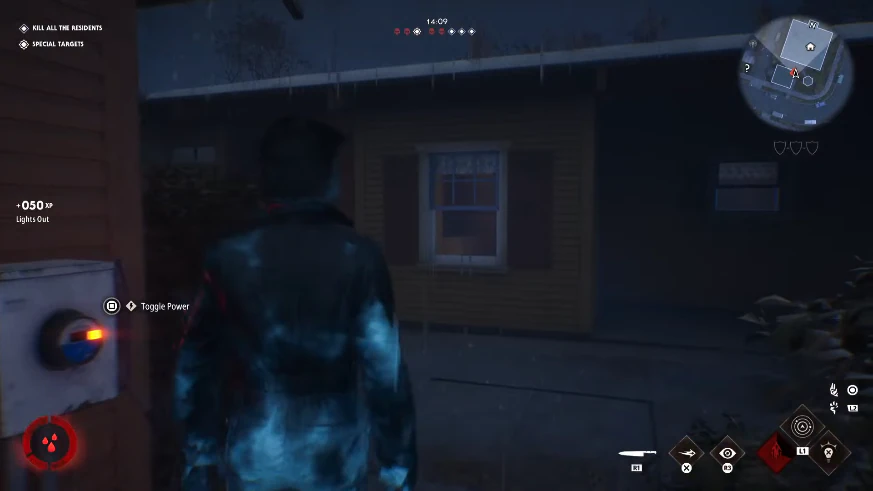 Michael Myers gameplay in Halloween: The Game at night near a suburban house